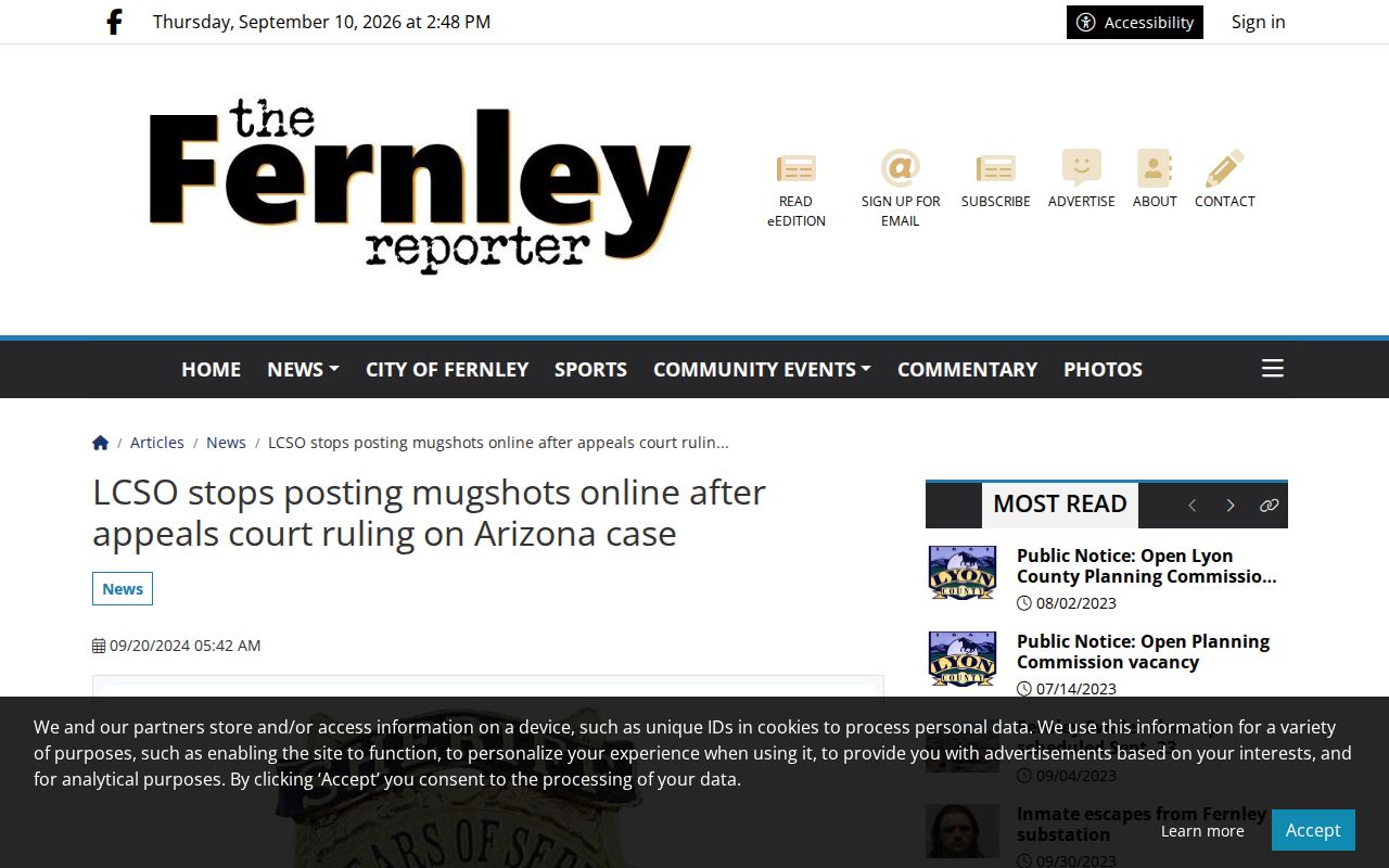 Fernley Reporter article about Lyon County ending online mugshot posts
