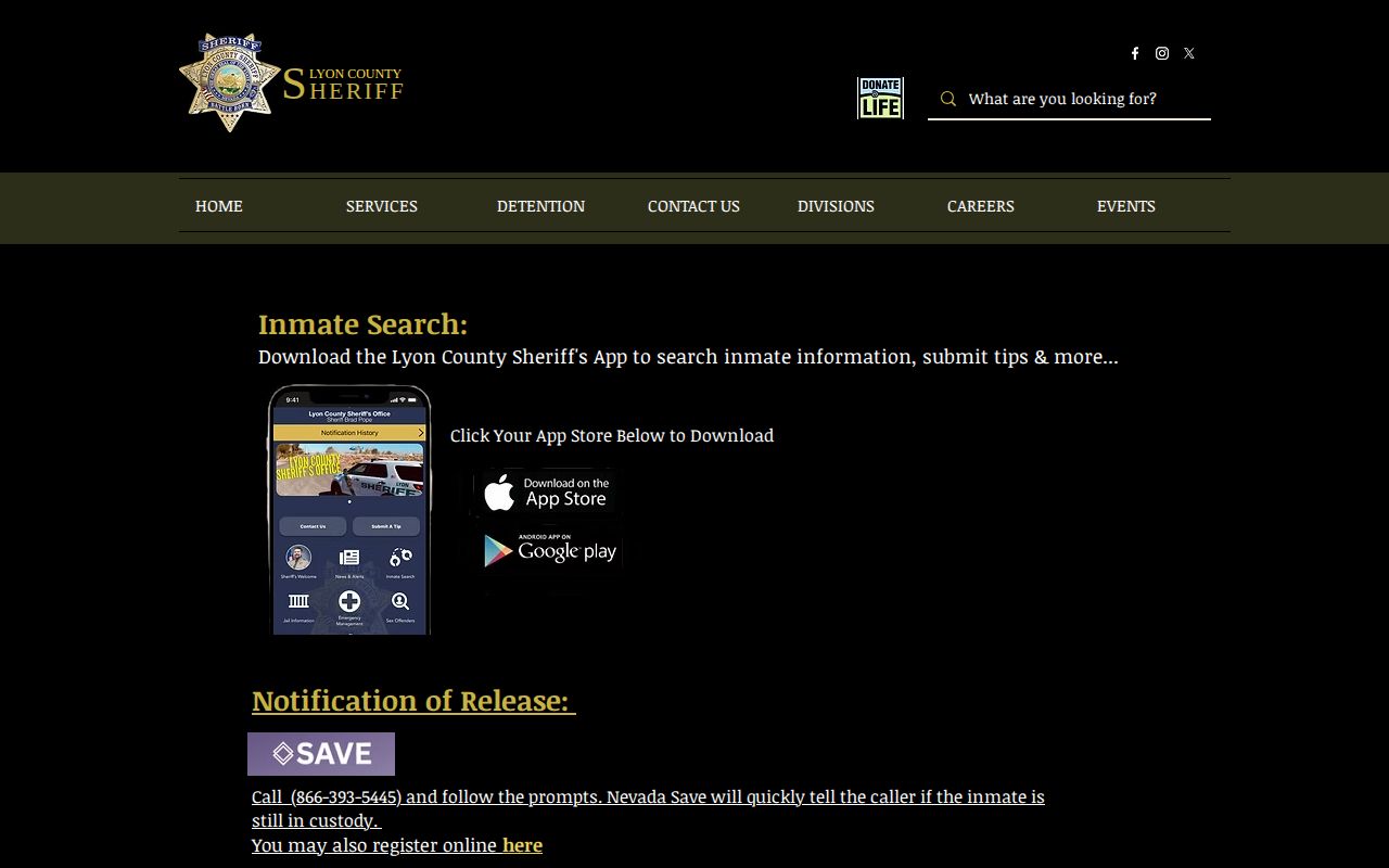 Lyon County Sheriff's Office official inmate search landing page
