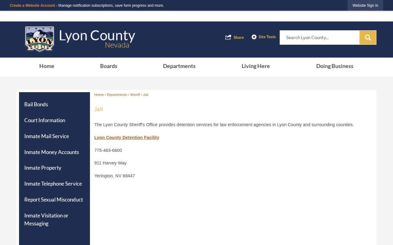 Official Lyon County Jail webpage identifying the detention facility