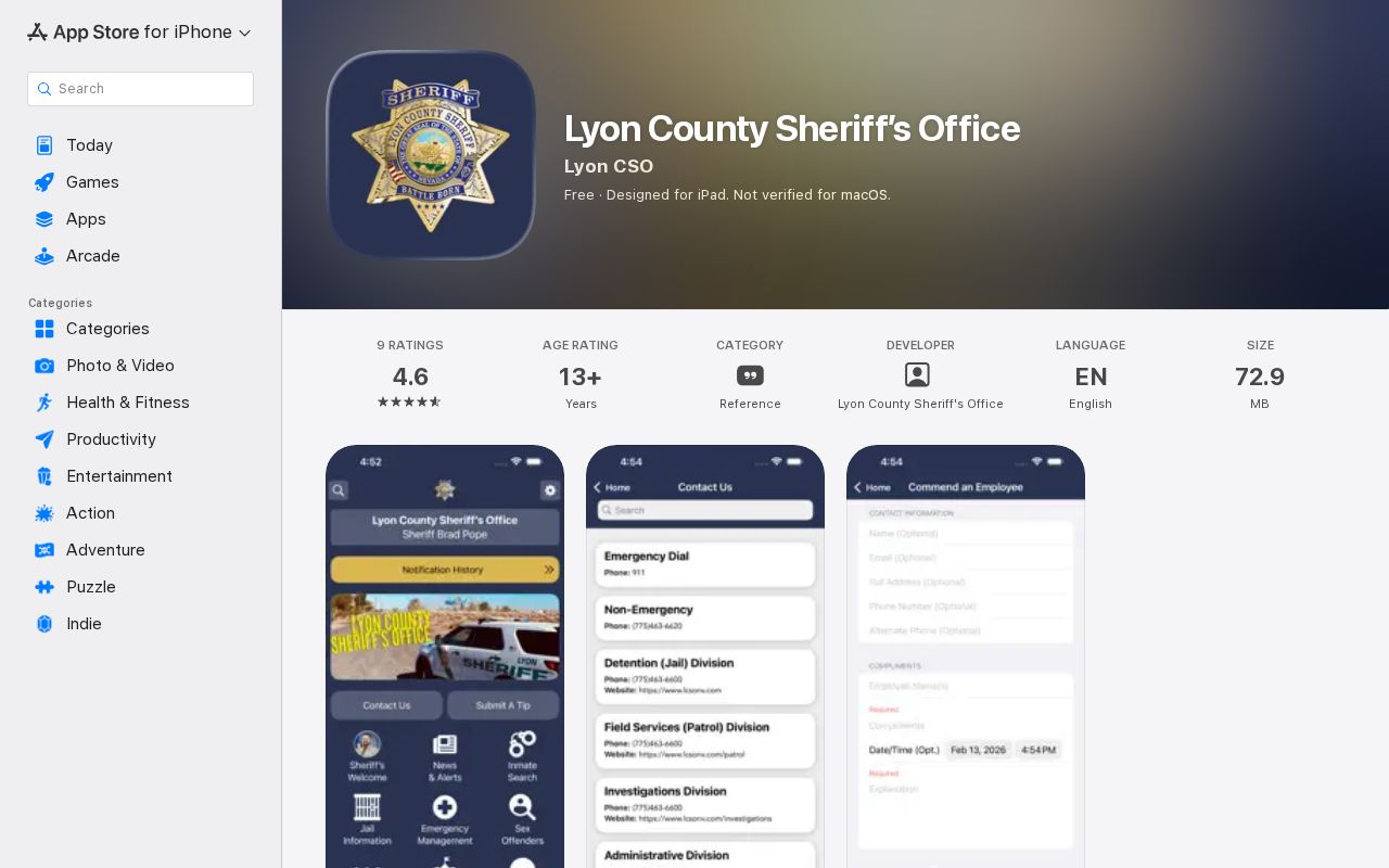 Apple App Store listing for the official Lyon County Sheriff app