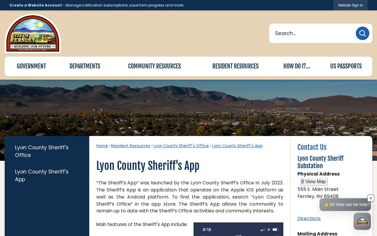 City of Fernley page for the Lyon County Sheriff's Office mobile app