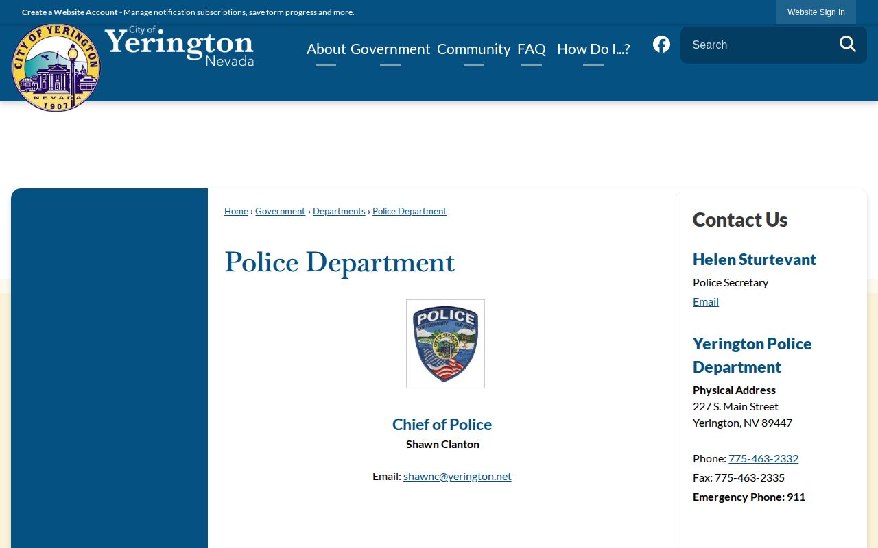 Official Yerington Police Department webpage with agency contact information