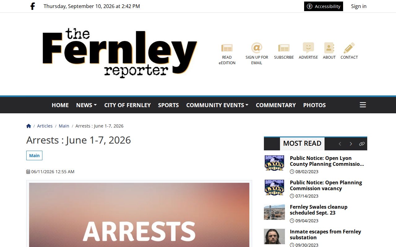 Fernley Reporter multi-day Lyon County arrest report